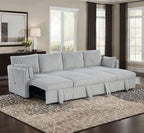 SL64002GY-SECT 3 pc Denholme light grey faux fur wide corduroy fabric sofa set with double chaise pop up and pop up sleep area USB charging