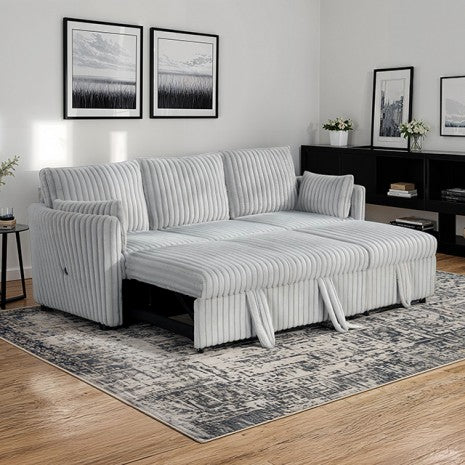 SL64002GY-SF 2 pc Denholme light grey faux fur wide corduroy fabric sofa set with pop up chaise and pop up sleep area USB charging
