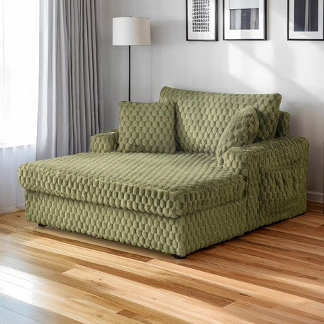SL69000GR Ferryhill olive green faux fur hexagon design fabric upholstered chaise with cup holders