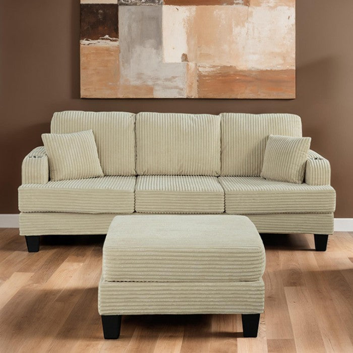 SL6932BG-2PC 2 pc Moretaine beige corduroy fabric sofa and love seat set with squared arms cup holders