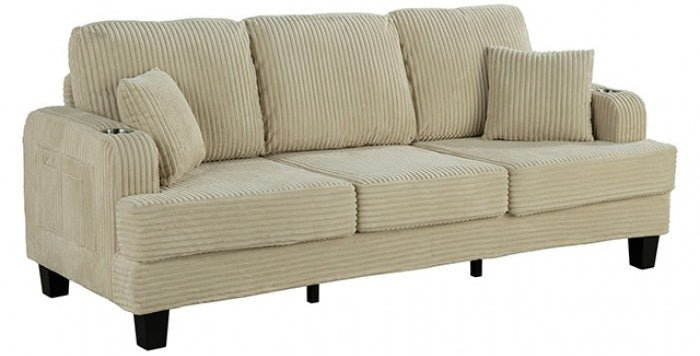 SL6932BG-2PC 2 pc Moretaine beige corduroy fabric sofa and love seat set with squared arms cup holders