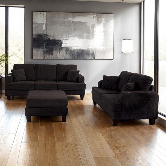 SL6932BK-2PC 2 pc Moretaine black corduroy fabric sofa and love seat set with squared arms cup holders