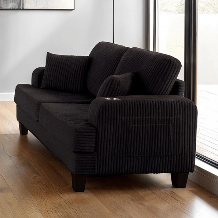 SL6932BK-2PC 2 pc Moretaine black corduroy fabric sofa and love seat set with squared arms cup holders
