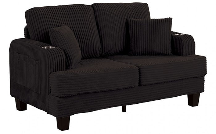 SL6932BK-2PC 2 pc Moretaine black corduroy fabric sofa and love seat set with squared arms cup holders