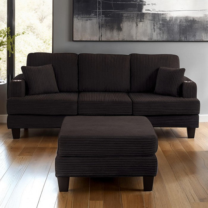 SL6932BK-2PC 2 pc Moretaine black corduroy fabric sofa and love seat set with squared arms cup holders