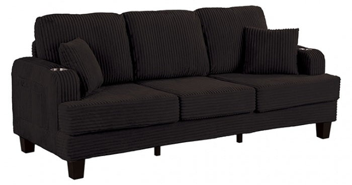SL6932BK-2PC 2 pc Moretaine black corduroy fabric sofa and love seat set with squared arms cup holders