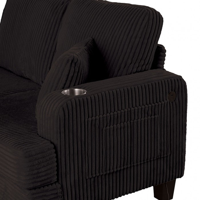 SL6932BK-2PC 2 pc Moretaine black corduroy fabric sofa and love seat set with squared arms cup holders