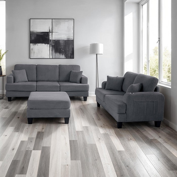 SL6932DG-2PC 2 pc Moretaine dark gray corduroy fabric sofa and love seat set with squared arms cup holders