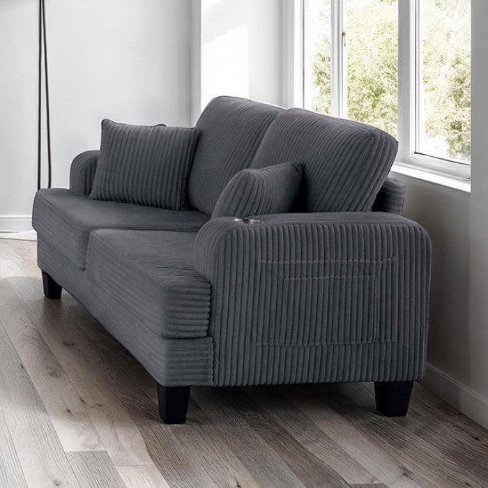 SL6932DG-2PC 2 pc Moretaine dark gray corduroy fabric sofa and love seat set with squared arms cup holders