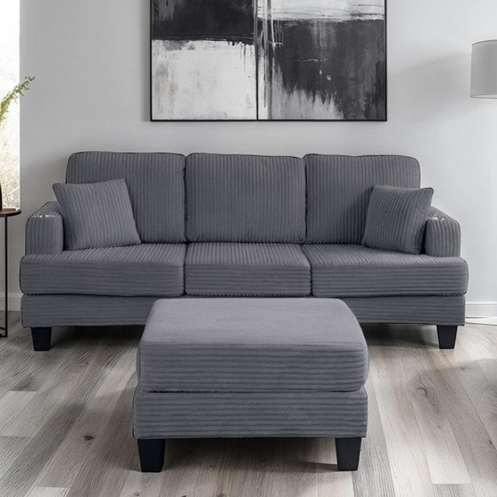 SL6932DG-2PC 2 pc Moretaine dark gray corduroy fabric sofa and love seat set with squared arms cup holders