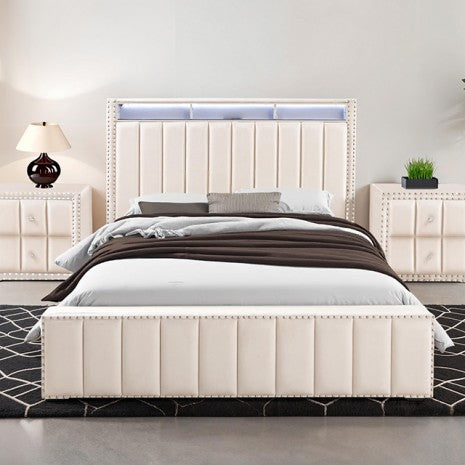 SL7001BG-3PC 3 PC Farese beige fabric queen bed with nail head trim storage headboard with LED lighting and nightstands