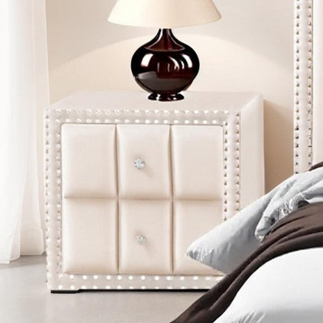 SL7001BG-3PC 3 PC Farese beige fabric queen bed with nail head trim storage headboard with LED lighting and nightstands