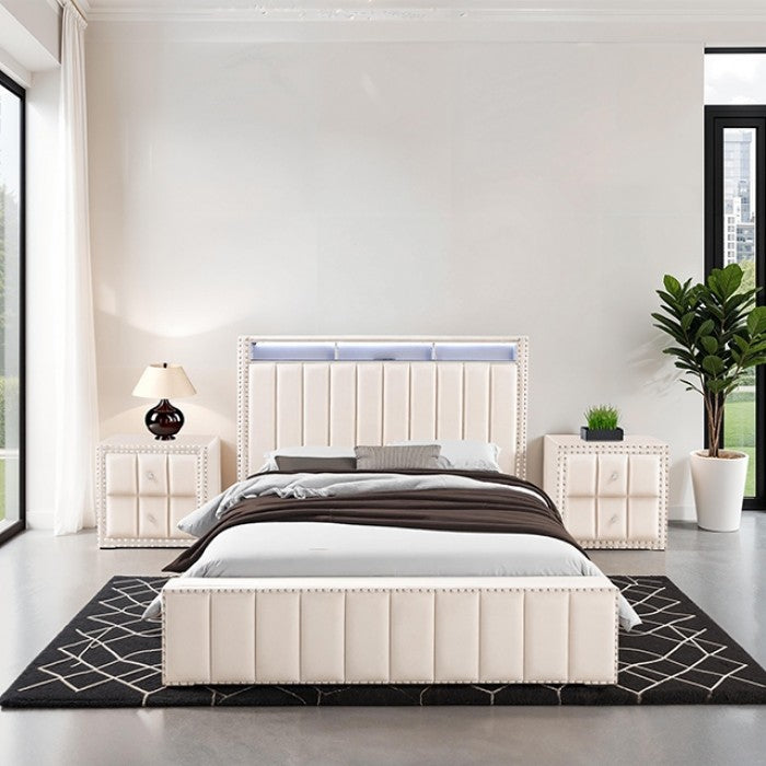 SL7001BG-3PC 3 PC Farese beige fabric queen bed with nail head trim storage headboard with LED lighting and nightstands