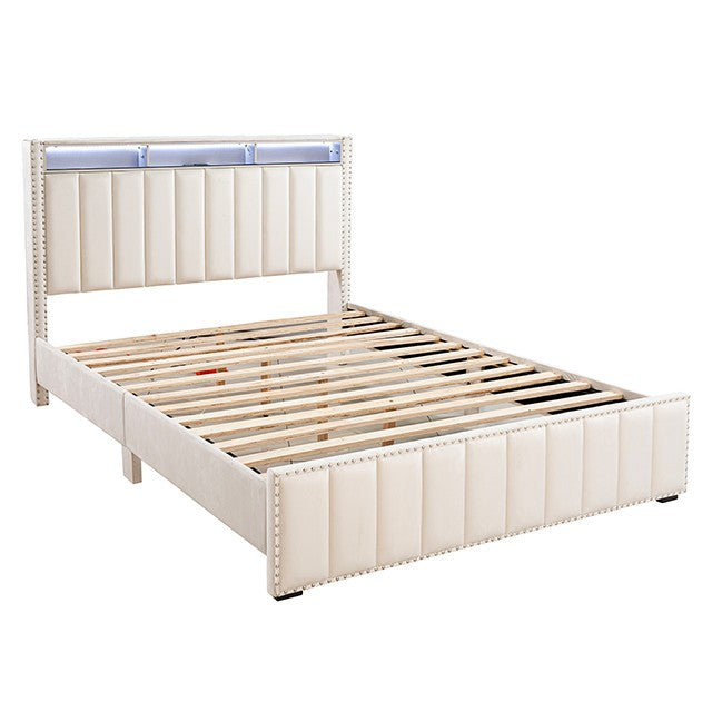 SL7001BG-3PC 3 PC Farese beige fabric queen bed with nail head trim storage headboard with LED lighting and nightstands