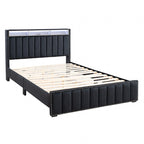 SL7001BK Farese black fabric queen bed with nail head trim storage headboard with LED lighting