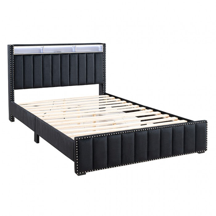 SL7001BK Farese black fabric queen bed with nail head trim storage headboard with LED lighting