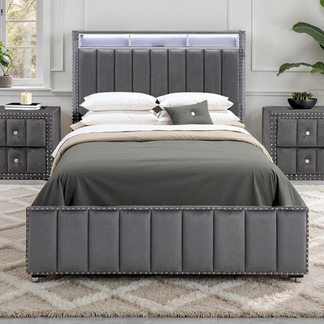 SL7001GY Farese dark grey fabric queen bed with nail head trim storage headboard with LED lighting