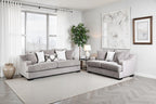 SM1249 2 pc Mayfield grey woven fabric sofa and love seat set multi color throw pillows set back arms