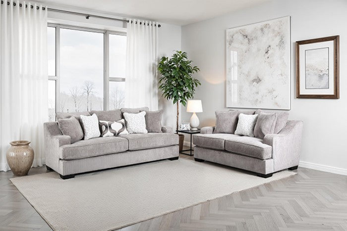 SM1249 2 pc Mayfield grey woven fabric sofa and love seat set multi color throw pillows set back arms