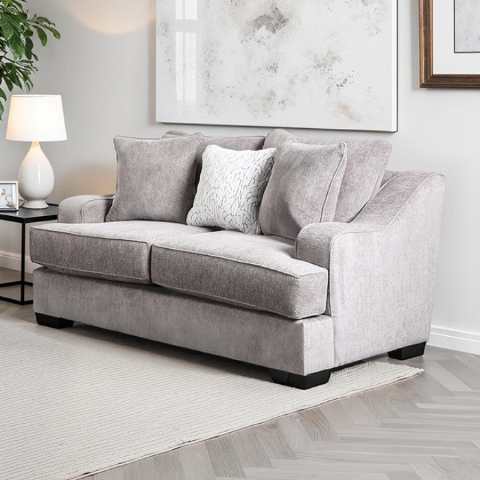 SM1249 2 pc Mayfield grey woven fabric sofa and love seat set multi color throw pillows set back arms
