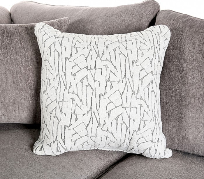 SM1249 2 pc Mayfield grey woven fabric sofa and love seat set multi color throw pillows set back arms