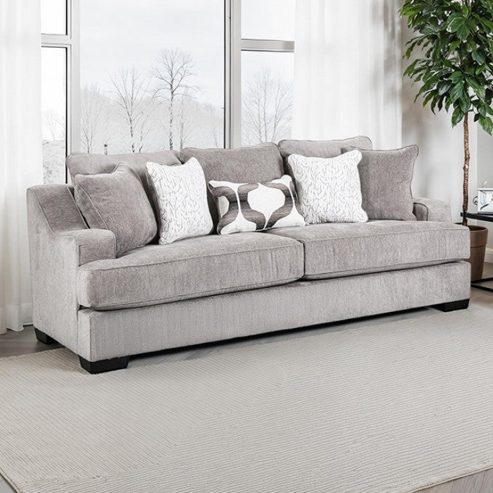 SM1249 2 pc Mayfield grey woven fabric sofa and love seat set multi color throw pillows set back arms