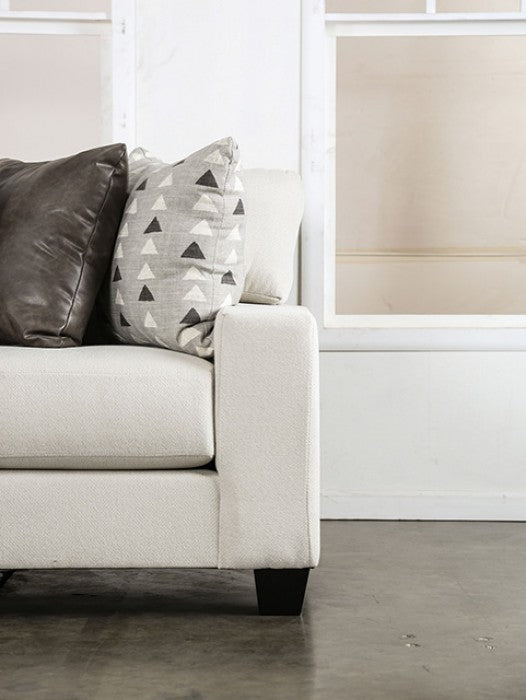 SM1252 2 pc Millburn white woven fabric sectional sofa with wide track arms mulitple throw pillows