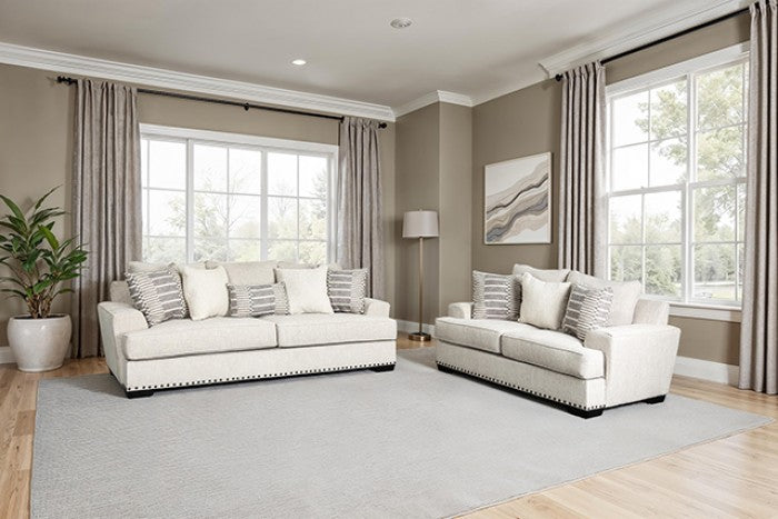 SM1253 2 pc Gervais taupe woven fabric sofa and love seat set multi color throw pillows nail head trim