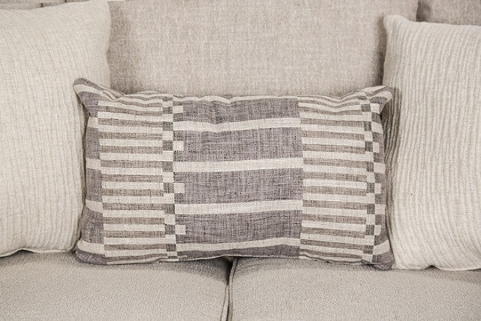 SM1253 2 pc Gervais taupe woven fabric sofa and love seat set multi color throw pillows nail head trim