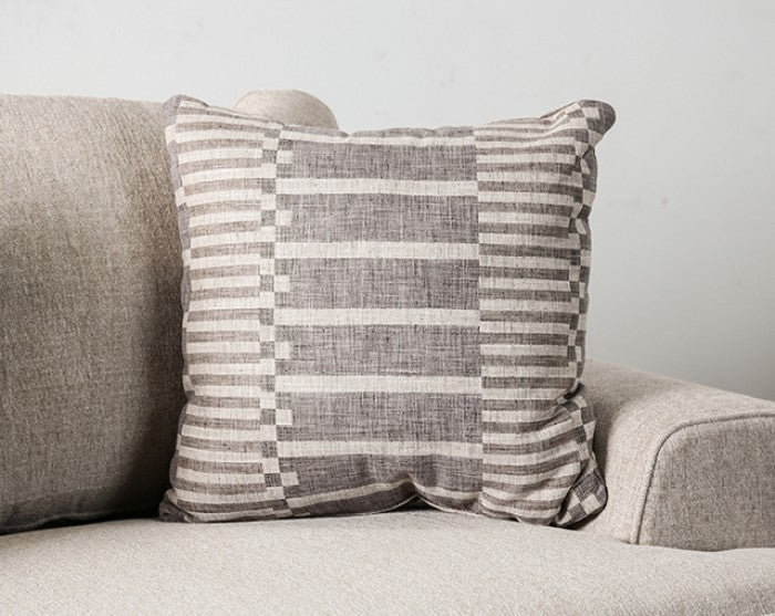 SM1253 2 pc Gervais taupe woven fabric sofa and love seat set multi color throw pillows nail head trim
