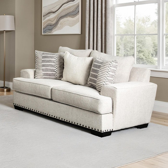 SM1253 2 pc Gervais taupe woven fabric sofa and love seat set multi color throw pillows nail head trim