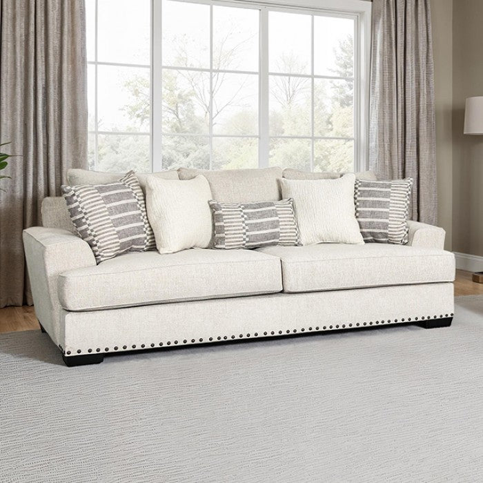 SM1253 2 pc Gervais taupe woven fabric sofa and love seat set multi color throw pillows nail head trim