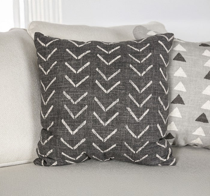SM1254 2 pc Hyde park grey woven fabric sofa and love seat set multi color throw pillows set back arms