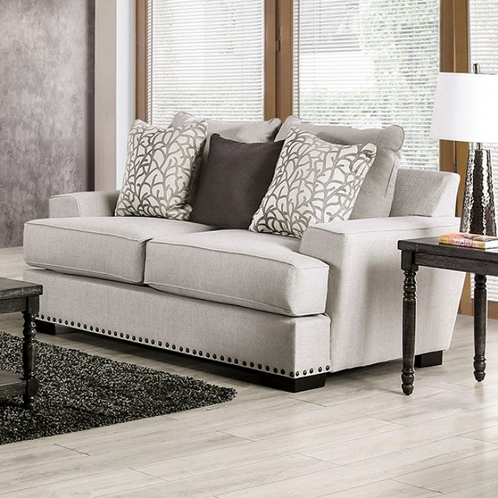 SM1279 2 pc A&J homes studio picotee light grey linen like fabric sofa and love seat set nail head trim