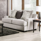 SM1279 2 pc A&J homes studio picotee light grey linen like fabric sofa and love seat set nail head trim