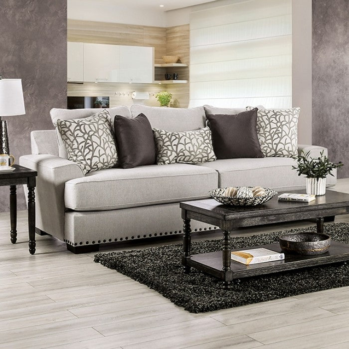 SM1279 2 pc A&J homes studio picotee light grey linen like fabric sofa and love seat set nail head trim