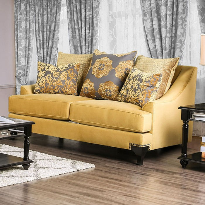 SM2201 2 pc A&J homes studio viscontti gold bella velvet like fabric sofa and love seat set