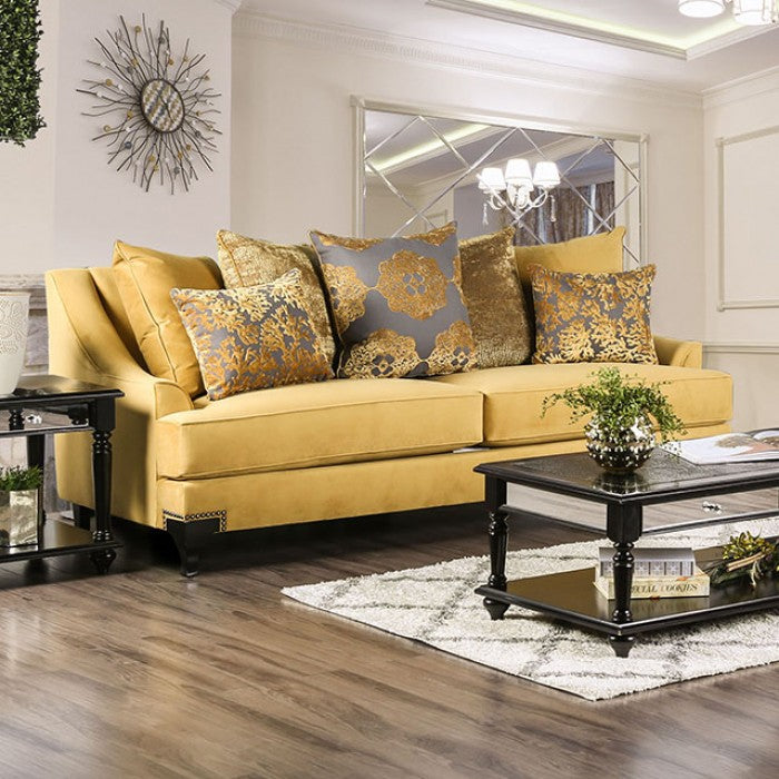 SM2201 2 pc A&J homes studio viscontti gold bella velvet like fabric sofa and love seat set