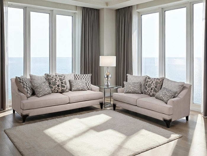 SM2201-TP 2 pc Lowell taupe fabric sofa and love seat set with set back sloped arms