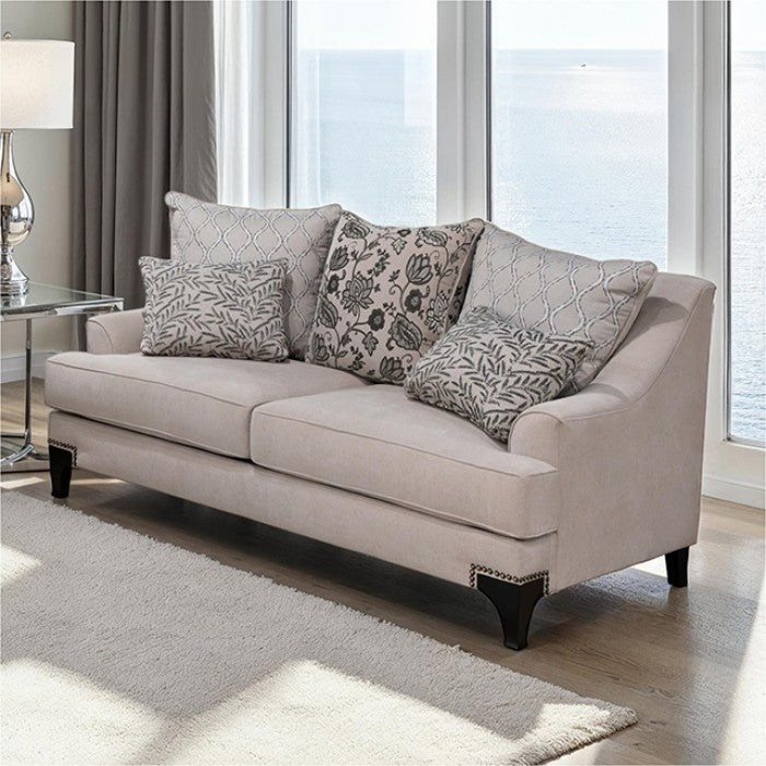 SM2201-TP 2 pc Lowell taupe fabric sofa and love seat set with set back sloped arms