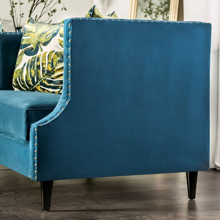 SM2219  2 pc Azuletti dark teal velvet like fabric sofa and love seat with nail head trim accents