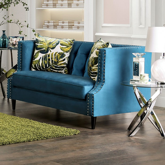 SM2219  2 pc Azuletti dark teal velvet like fabric sofa and love seat with nail head trim accents