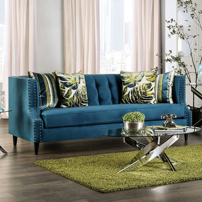 SM2219  2 pc Azuletti dark teal velvet like fabric sofa and love seat with nail head trim accents