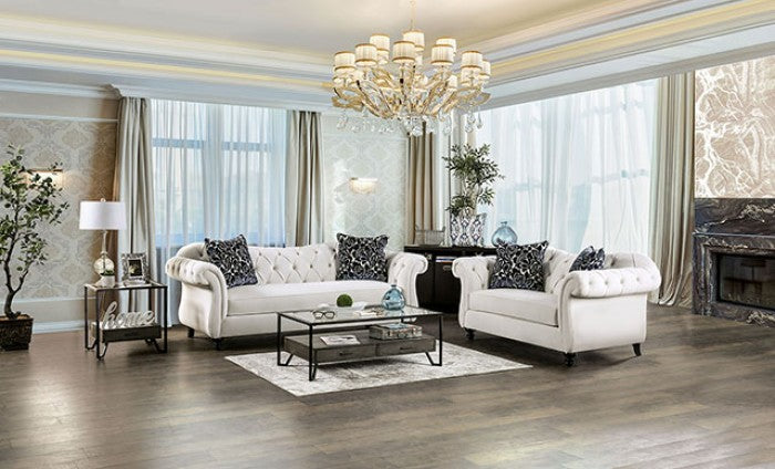 SM2228 2 pc Rosorf park Antionette white velvet fabric sofa and love seat set tufted backs