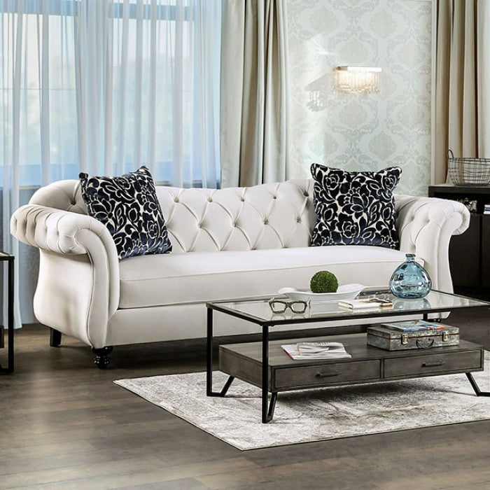 SM2228 2 pc Rosorf park Antionette white velvet fabric sofa and love seat set tufted backs
