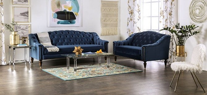 SM2230 2 pc Rosdorf park martinique blue velvet like fabric camel back tufted design sofa and love seat set