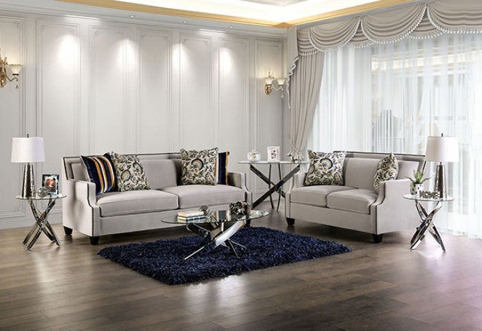 SM2270  2 pc Montecelio light grey velvet like fabric sofa and love seat with nail head trim accents