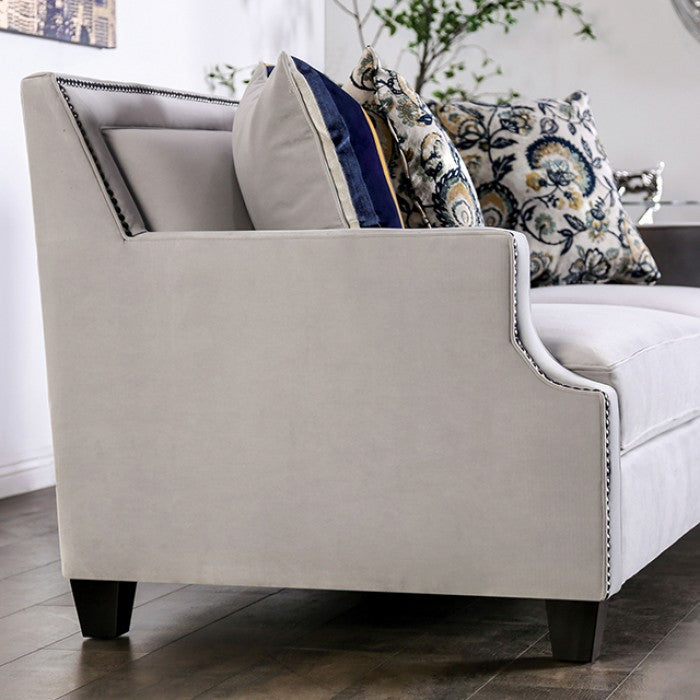 SM2270  2 pc Montecelio light grey velvet like fabric sofa and love seat with nail head trim accents