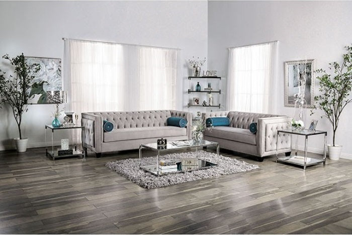 SM2283 2 pc House of hampton tuck silvan gray velvet like tufted fabric sofa and love seat set
