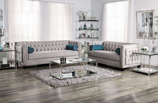 SM2283 2 pc House of hampton tuck silvan gray velvet like tufted fabric sofa and love seat set